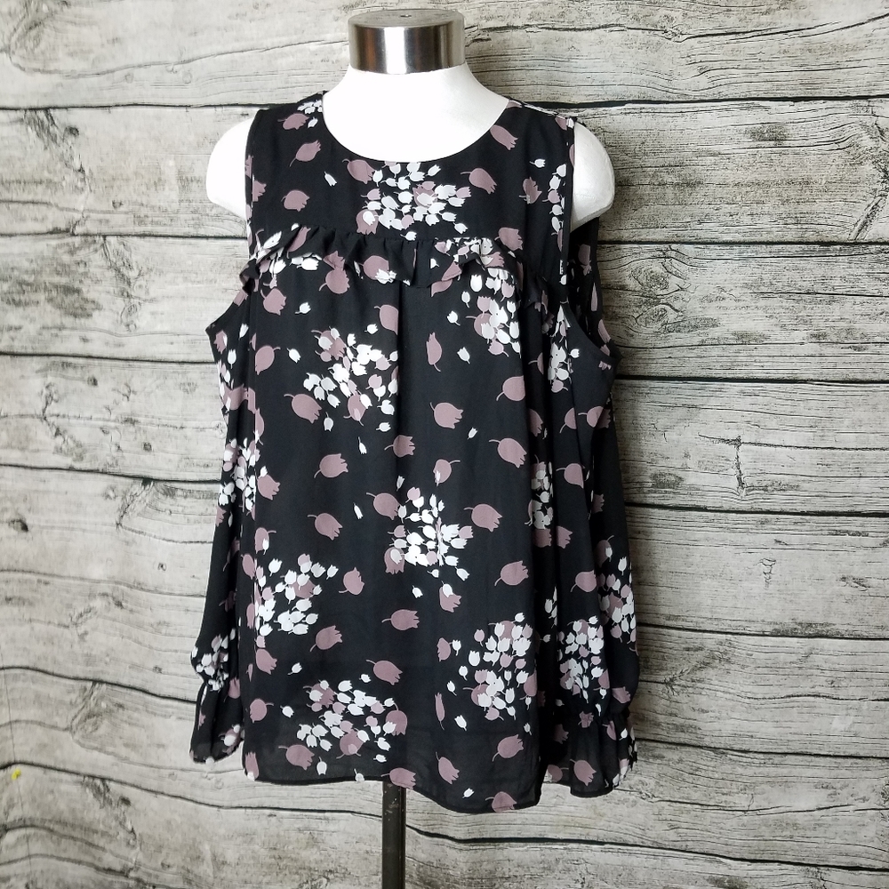 Womens LOFT Outlet Cold Shoulder Long Sleeve Ruffle Floral Blouse SIZE M.Pit t